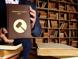 A person in a suit holds a book titled "Personal Injury Law" with a gavel symbol on the cover, highlighting the duty of care in injury cases, while standing in front of bookshelves filled with various books.