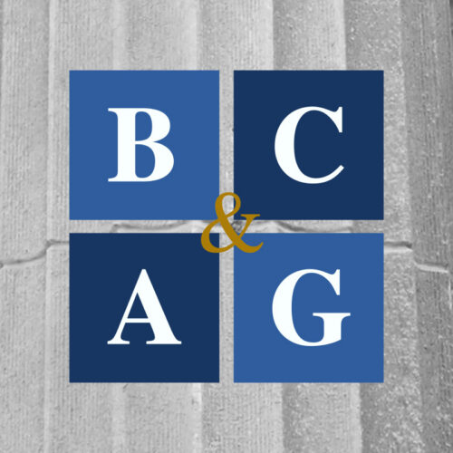 Four blue squares with white letters "B", "C", "A", and "G" arranged in a grid, separated by an ampersand (“&”) in gold, over a background of gray stone columns.